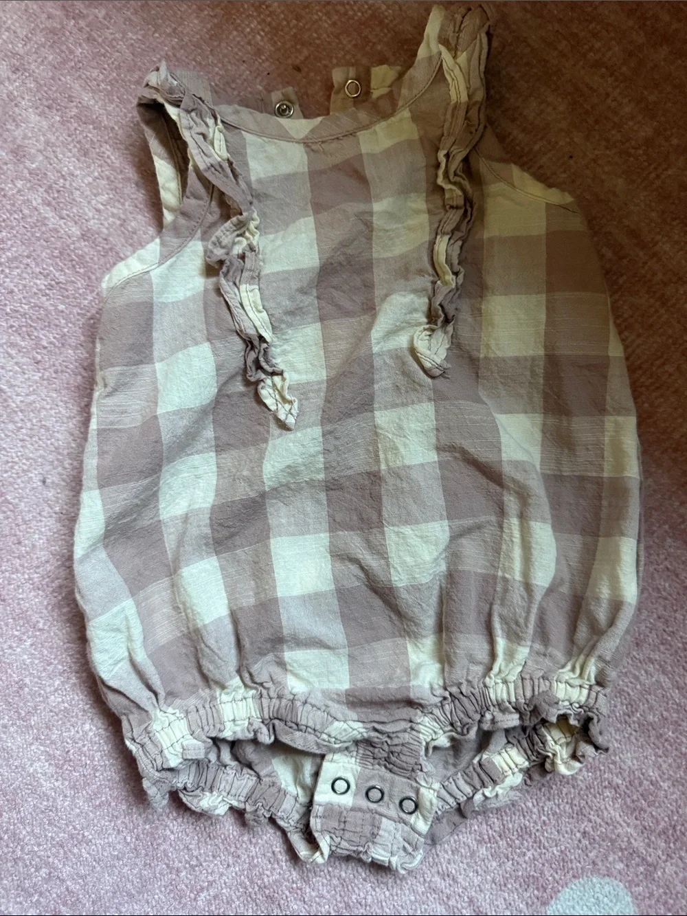 Gingham Ruffle Baby Tank Romper in Mauve and Cream